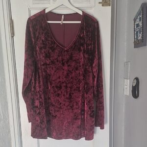 mittoshop Crushed Velvet V-Neck Long Sleeve Top - Burgundy